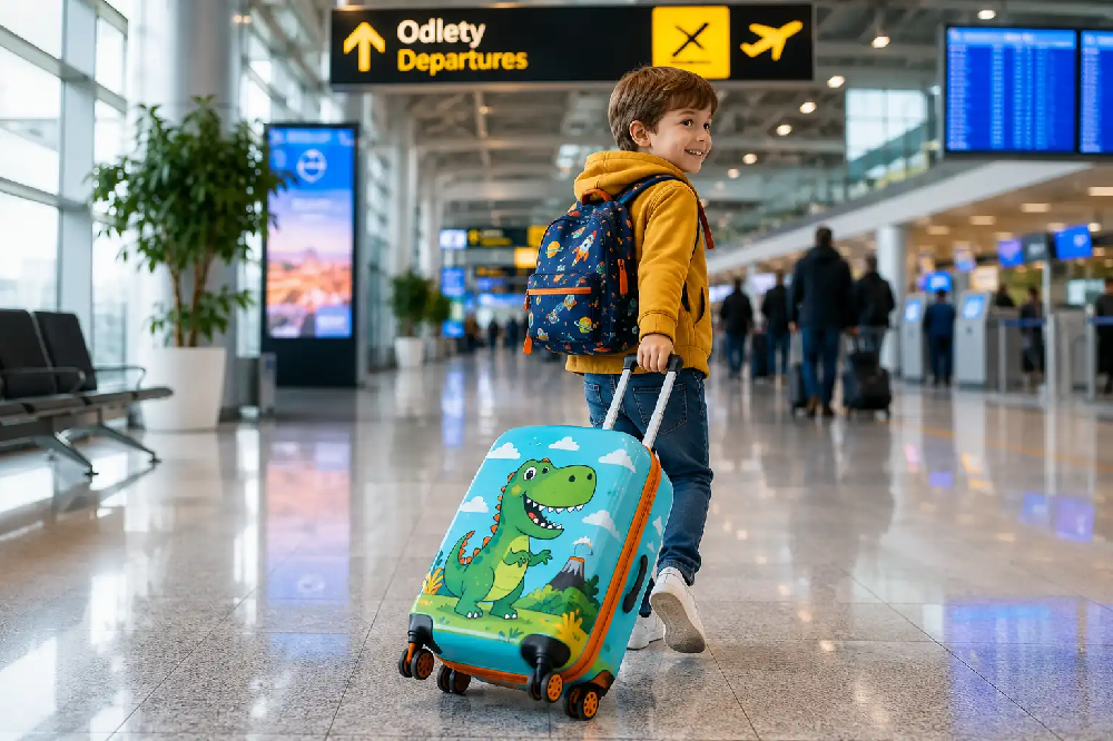 Vidám mintás gyerek utazóbőrönd, amelyet egy gyermek húz maga után